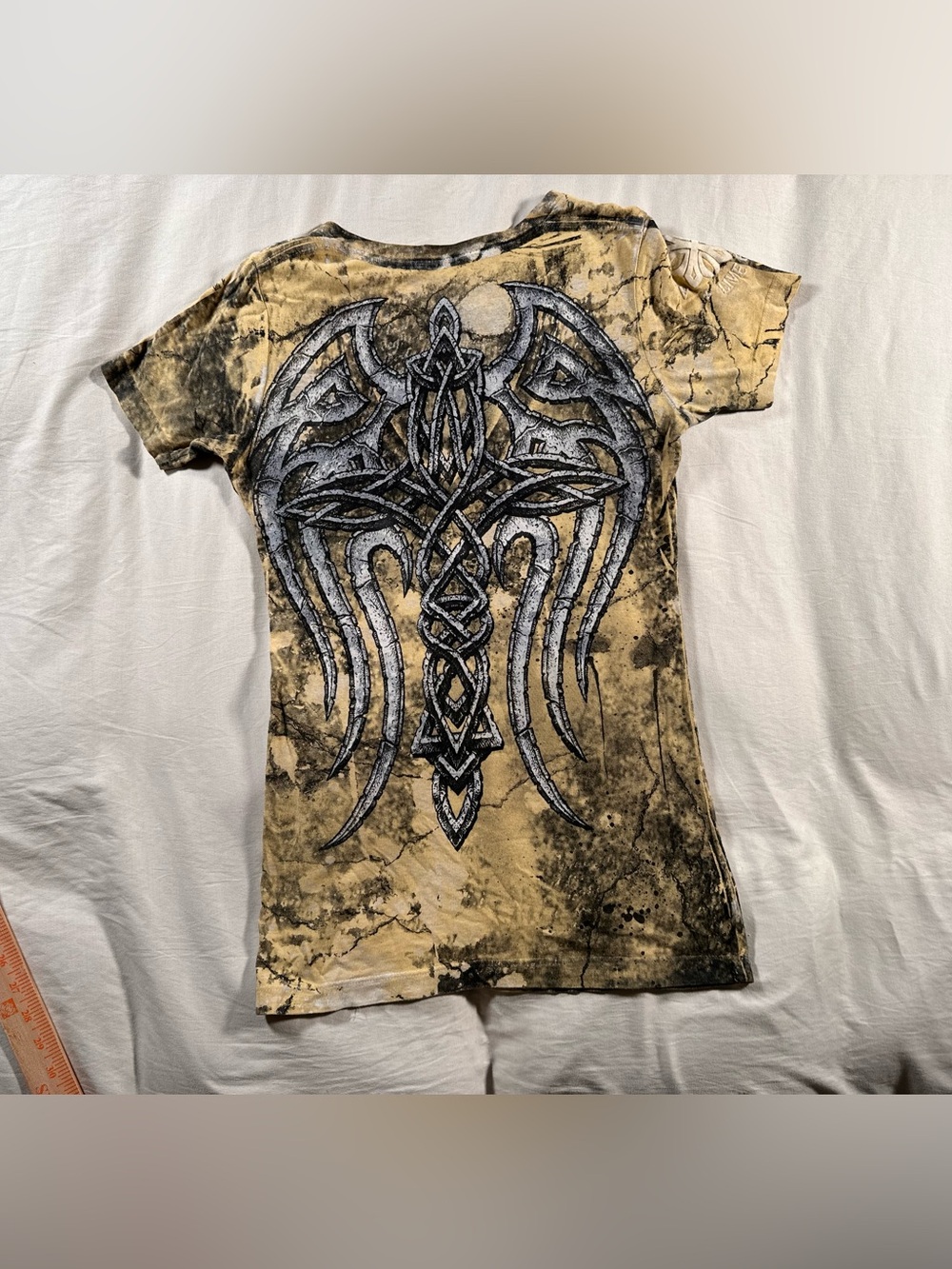 Affliction Women’s V Neck Small Y2K Grunge Yellow Cyber  Goth Cross Wings Top